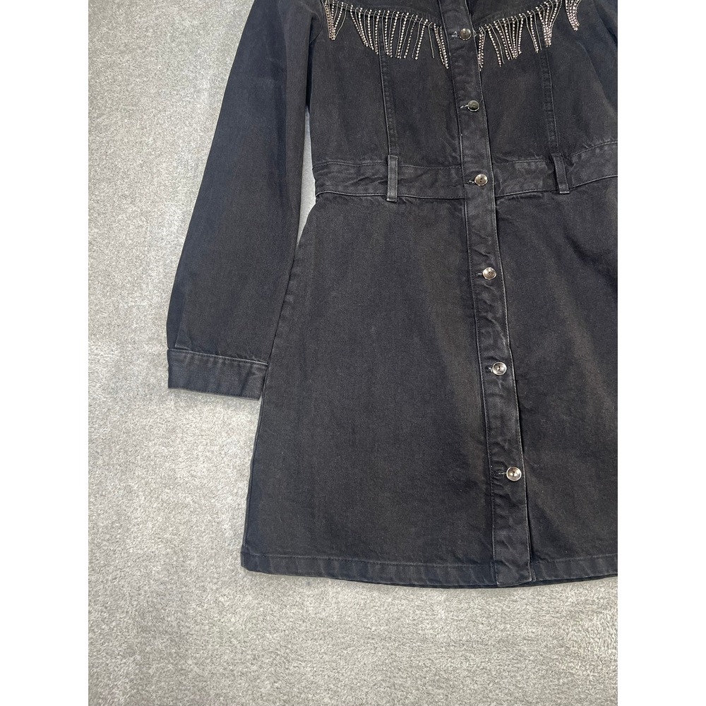 Zara Black Denim Mini Dress Rhinestone Fringe Western Cowgirl Button Front M - Picture 3 of 8